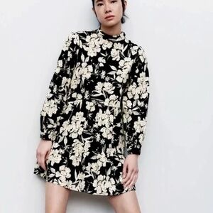 Zara Dress XS Black White Floral High Neck Mini Flair Boho Peasant Oversized